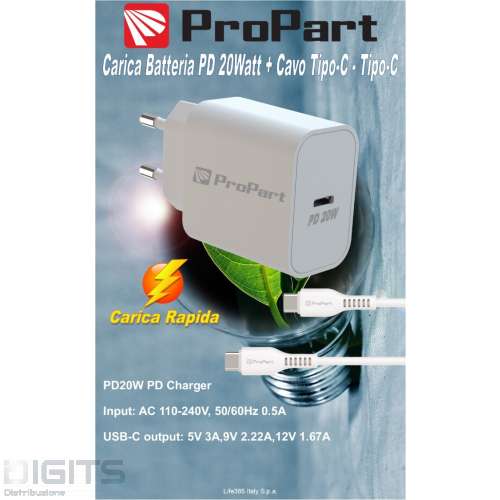 Carica Batterie + Cavo Type-C a Type-C 1.5M Rapid 20W PD
