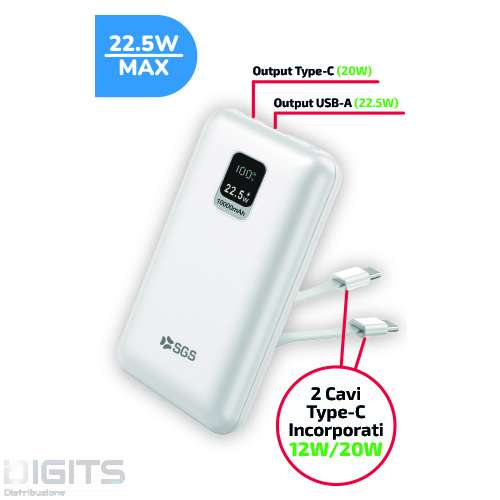 Powerbank - Output USB e TYPE-C - Doppio Cavo TYPE-C - 10000mAh