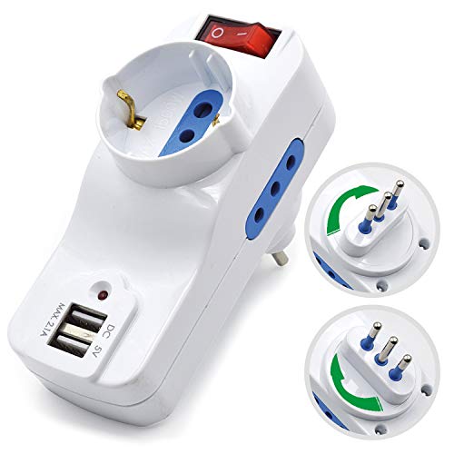 Adattatore Compatto Bianco, 1 Schuko 2  USB Spina Rotante 10A