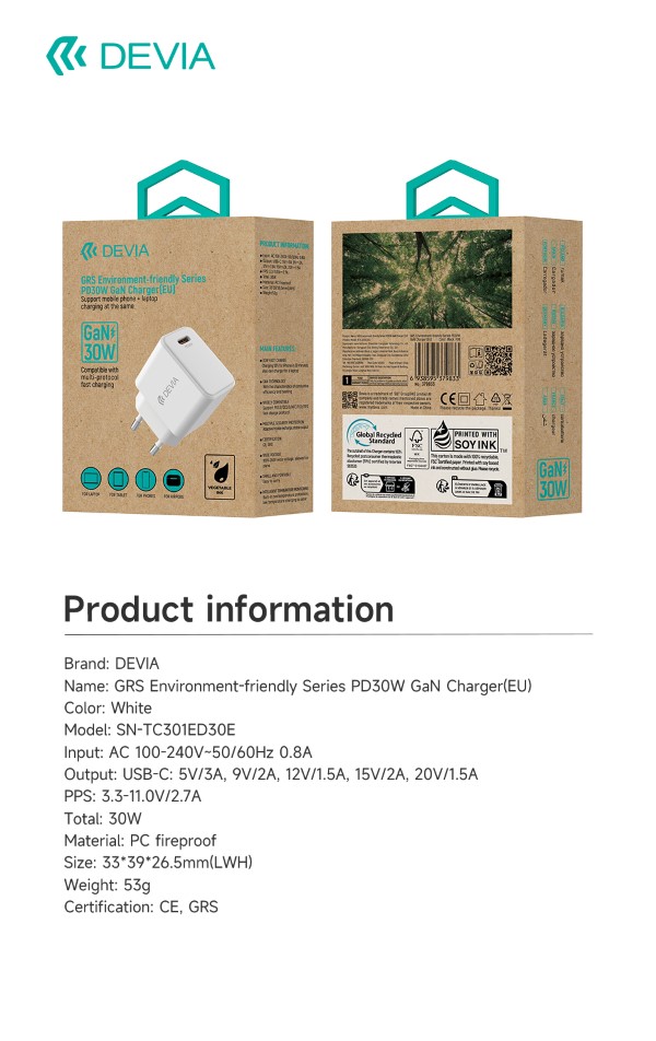 Carica Batteria PD 30W GaN Uscita Tipo-C Certificato GRS