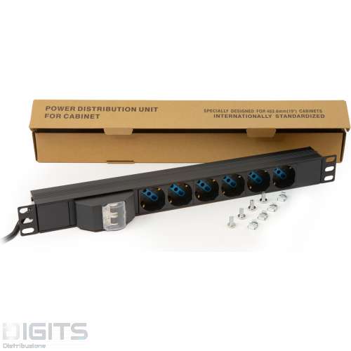 MULTIPRESA ALIMENTAZIONE PER RACK 19" CON 6 PRESE UNIVERSALI TRIPOLARI/SCHUKO MAGNETOTERMICA