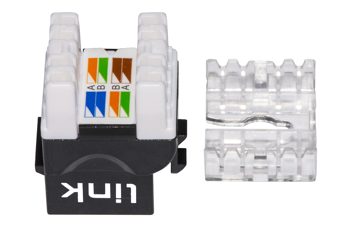 PRESA RETE KEYSTONE JACK RJ45 CATEGORIA 6 UTP COLORE NERO 180&deg; CONTATTI DORATI 50 MICRON