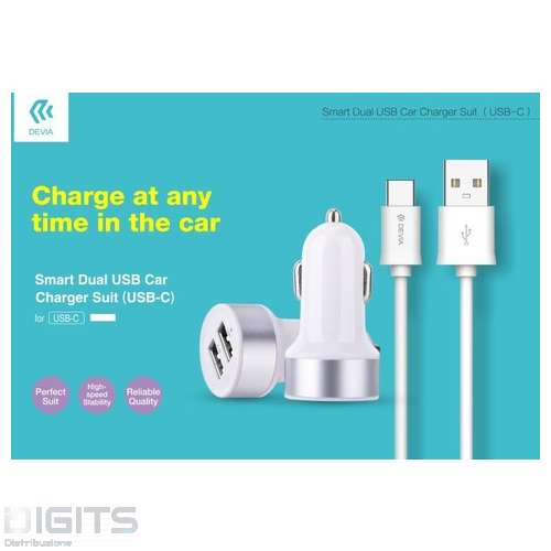 Suit Carica Auto 2 Out 3.1A e Cavo USB Tipo-C Dati e Carica