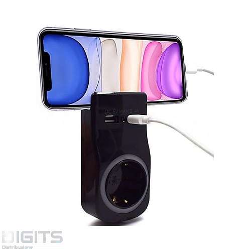 Adattatore muro Shucko16A + 2 Usb Nero + PORTA TELEFONO