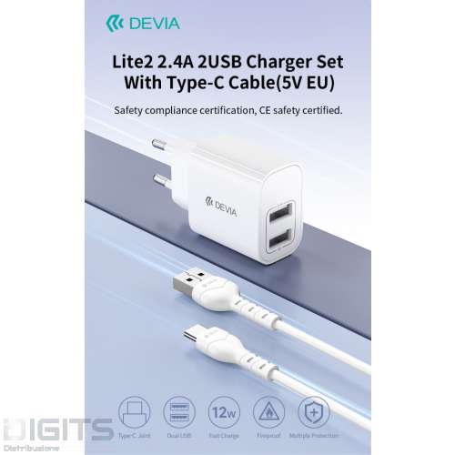 Caricabatterie 2.4A 2 USB-A 5V 12 Watt Con Cavo Tipo-C Bianco