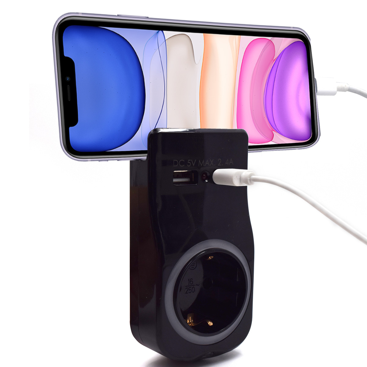 Adattatore muro Shucko16A + 2 Usb Nero + PORTA TELEFONO