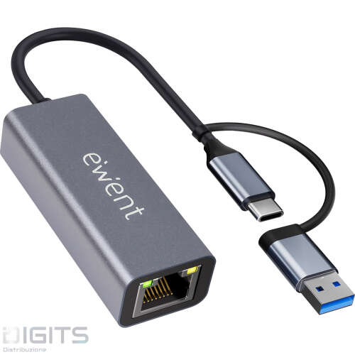 Adattatore Ethernet Rj45 Gigabit Usb-C Con Cavo 15 Cm + Adattatore Usb-A, Grigio Scuro