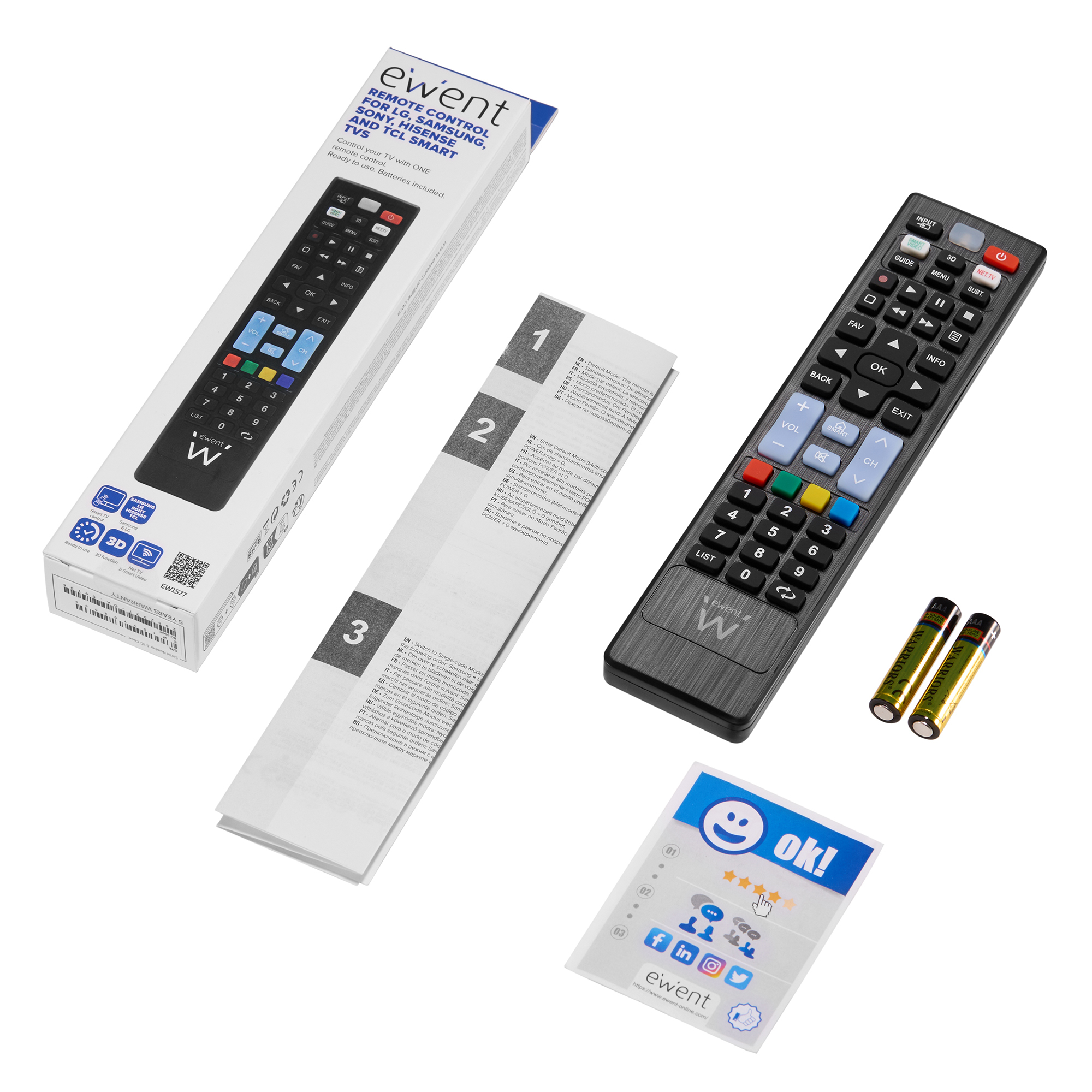 Telecomando per Tv LG Samsung Sony Hisense, TCL ed altri (2x AAA included) Ready to use