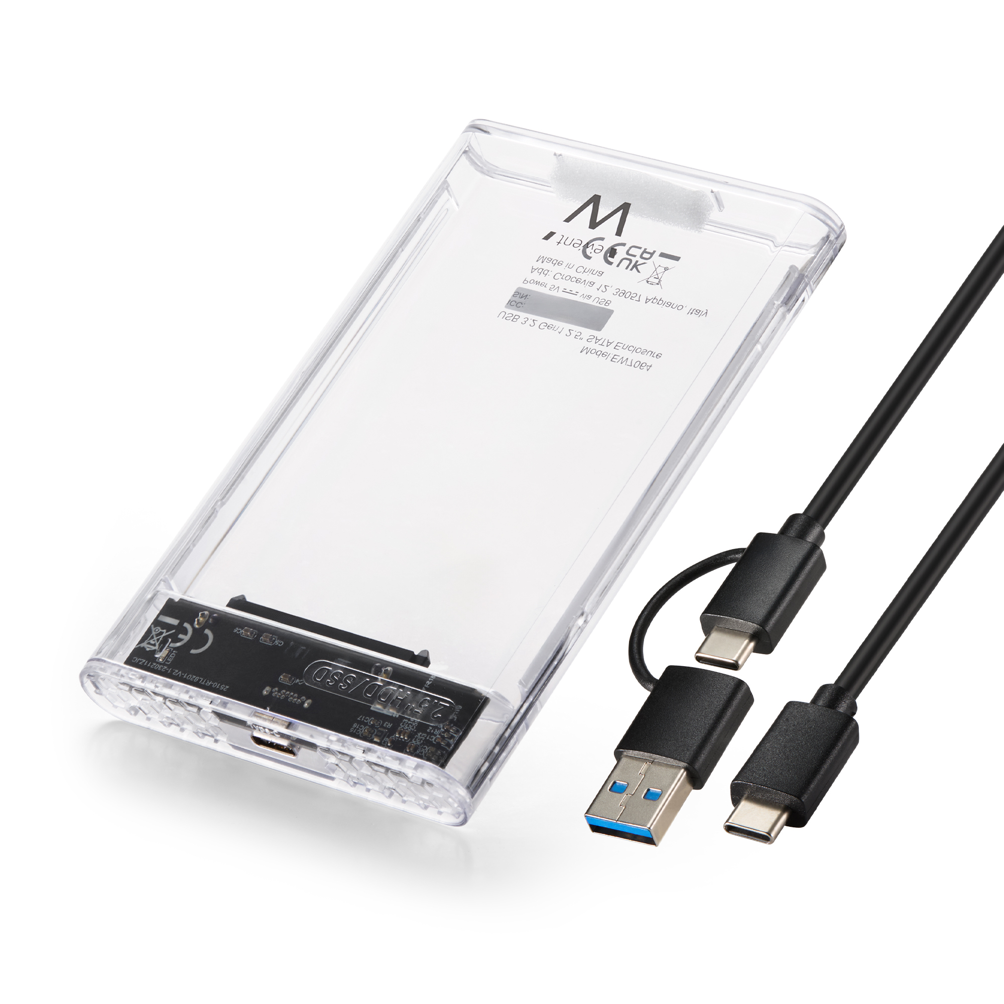 Box USB 3.2 Gen1 5Gbps per SSD/HDD SATA 2.5", cavo USB-C+A, trasparente