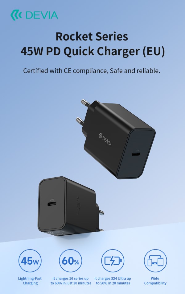 Carica Batterie Pd 45 Watt Tipo-C Per Carica Rapida Nero