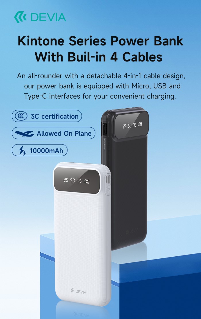 Power Bank Serie Kintone Con 4 Cavi Integrati 10000 Mah Nero