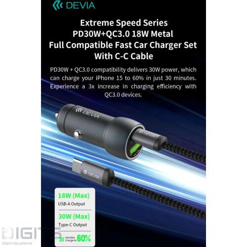 Caricabatterie per auto Super veloce Serie PD30W + QC3.0 18W con cavo Type-C Type-C
