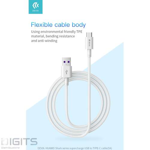 Cavo Carica Rapida Type-C 5A Lunghezza 1,5 Mt Bianco Usb 3